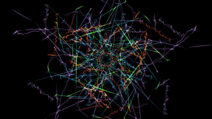 Abstract artwork. Colorful lines with particles on black background.