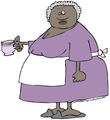 Illustration of a large black woman wearing an apron and holding a tea cup.