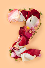 Letter Z made from red roses and petals isolated on a white background