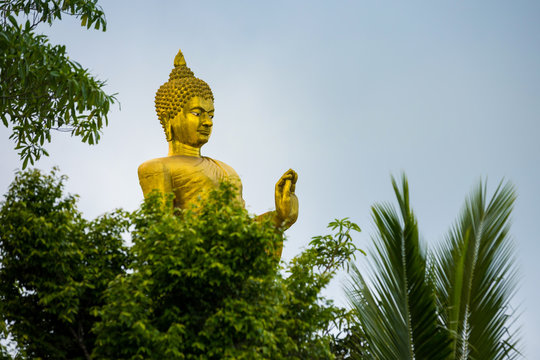 Gold Big Buddha in mountain temple is highest point of Koh Sumui