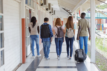 Multi ethnic teenagers friends walking in the school hallway, back view