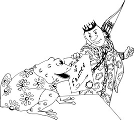 The Prince and the frog. Freehand sketch drawing for adult antistress coloring book