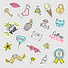 Fashion girly stickers set.  Collection of hand drawn fancy doodle pins, badges. Vector trendy illustration.