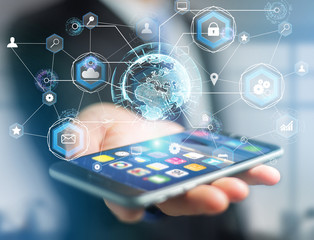 International business network connection displayed on a futuristic interface with technology icon and sphere globe - Worldwide business concept