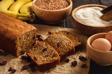 Homemade banana bread with cranberry, gluten free, with buckwheat flour.