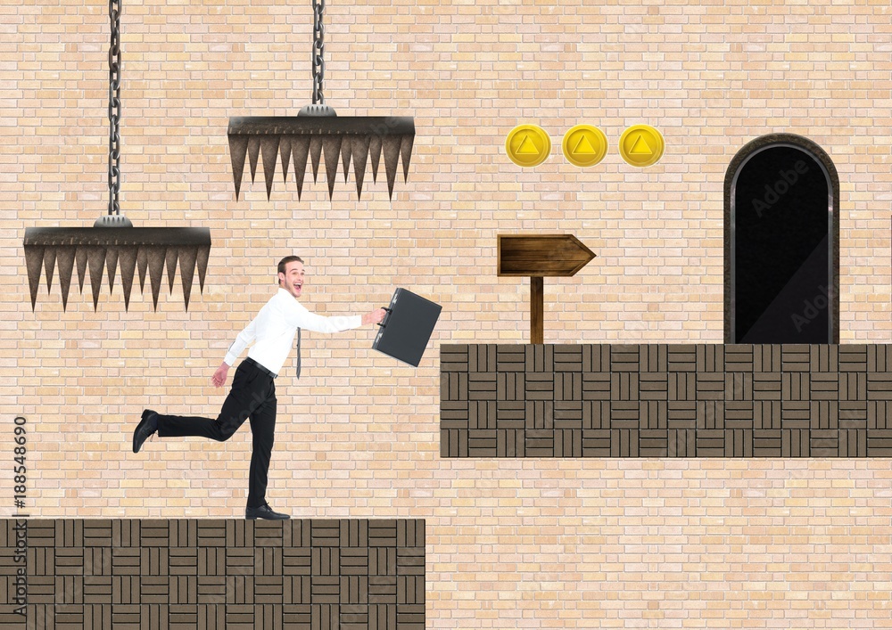 Poster businessman in computer game level with coins and traps