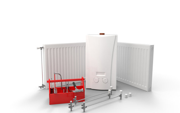 Radiators with boiler and tools. 3D rendering