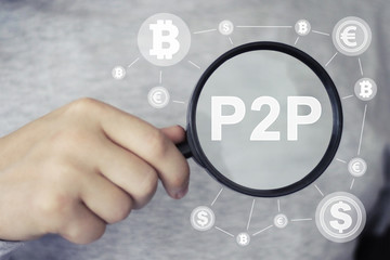Peer-to-peer (P2P). Magnifying lens over background with text P2P, with the financial data business currency.