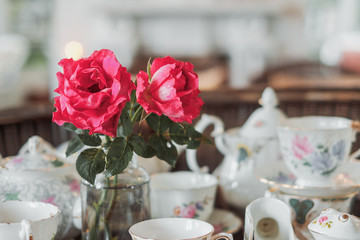 Red rose in cafe,Coffee shop.