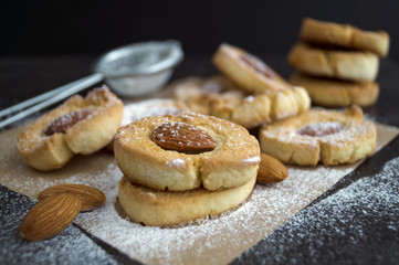 Homemade cookies with almonds and powdered sugar.