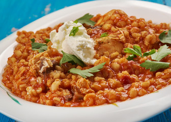 Barley risotto with marinated chicken