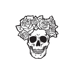 Human skull with  roses black and white , vector illustration