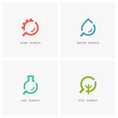 Search logo set. Gear wheel or pinion, drop of water, laboratory test tube, green tree and loupe or magnifier symbol - industry and machinery, chemistry and medicine, ecology and environment icons.