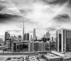 Sunset lights of Dubai Downtown, aerial view