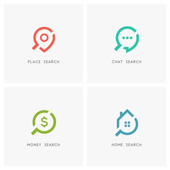 Search logo set. Address pointer, chat, dollar sign, home or house and loupe or magnifier symbol - place, location and destination, dialogue, conversation and discussion, finance and realty icons.