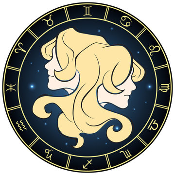 Gemini. Color zodiac sign in the circle frame.