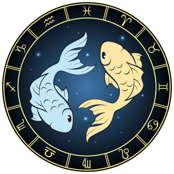 Pisces. Color zodiac sign in the circle frame.
