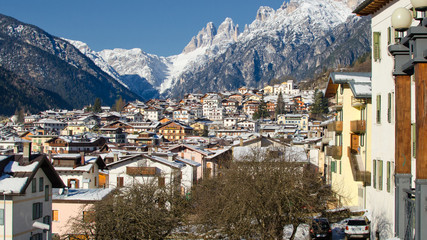 Fototapeta na wymiar Snowy Landscape of Dolomites Mountains during Winter
