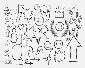 set of doodles. hand-drawing design elements, arrows, dialogs, clouds, growth charts, money