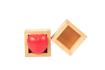 Red heart in cube wood box ,Valentine concept.