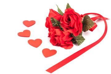 Red rose flower and red heart sign in white background