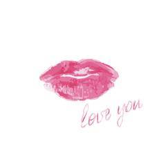 Pink lips with love you lettering on a white background, vector