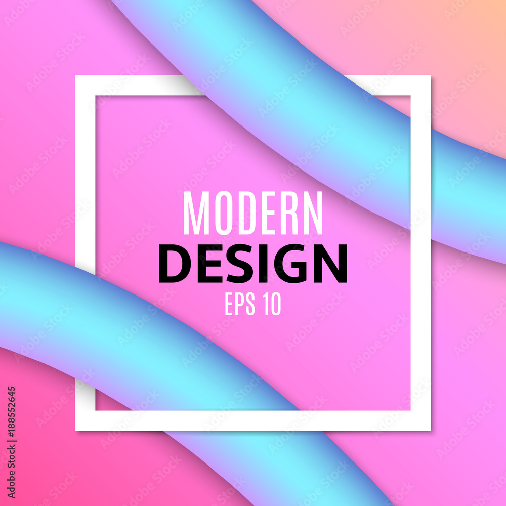 Poster abstract blue fluid lines in 3d style. white frame banner for text. purple orange background. modern