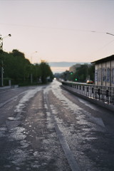 Empty road in the city at sunrise