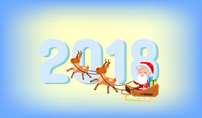Naklejka premium Happy new year 2018 and Merry Christmas text written card. Cute santa claus vector illustration