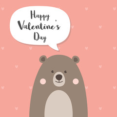 Bear cartoon character standing on rose pink heart pattern background for Valentine's Day invitation card.