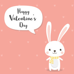 Rabbit cartoon character for Valentine's Day invitation card.Cute white rabbit on rose pink heart pattern background.