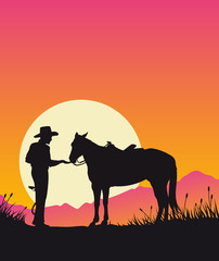 Cowboy and horse at sunset - Wild West vector background