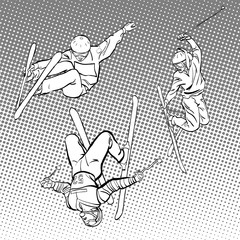 Winter sports. Aerial skiing. Half-pipe, superpipe or slopestyle. Freestyle skier during a jump. Ski pattern