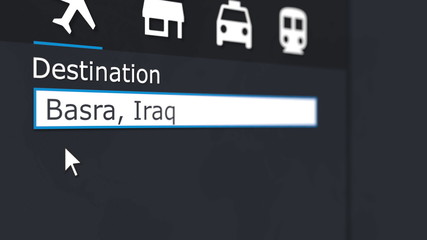 Buying airplane ticket to Basra online. Travelling to Iraq conceptual 3D rendering