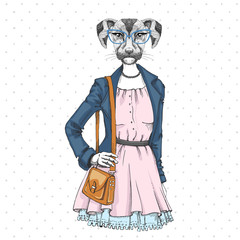 Retro Hipster fashion animal dog. Woman model