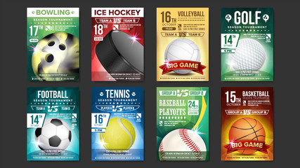 Sport Posters Set Vector. Golf, Baseball, Ice Hockey, Bowling, Basketball, Tennis, Soccer, Football. Vertical Design For Sport Bar Promotion. Tournament Flyer. Club Invitation Illustration