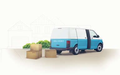 Truck transporting goods packed in boxes from warehouse to home. Delivery cargo. 3d illustration
