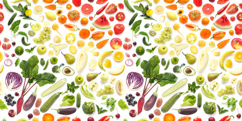  Seamless pattern of various fresh vegetables and fruits isolated on white background, top view, flat lay. Composition of food, concept of healthy eating. Food texture.