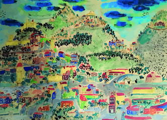 Villages colorés imaginaires dans les montagnes