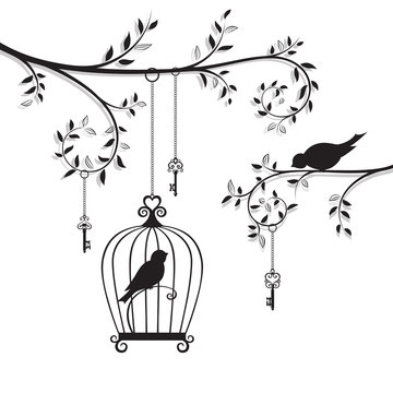 The bird in the cage hanging on the branch. Line-art silhouette.
