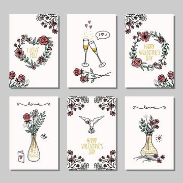 Set of six hand drawn mini cards for Valentine's day, design template with flower bouquets, champagne glasses and hearts