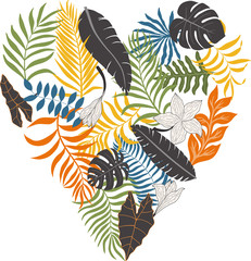 Fototapeta na wymiar Tropical background with palm leaves drawn in the shape of a heart. Summer vector illustration