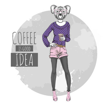 Retro Hipster fashion animal koala with coffee. Woman model