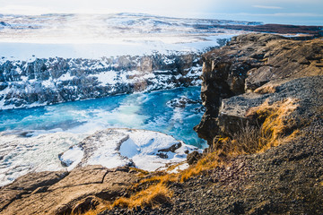 Gullfoss waterfall view and winter Lanscape picture in the winter season