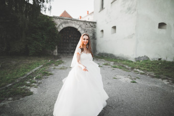 Beautiful elegant bride with perfect wedding dress and bouquet posing near old castle