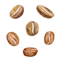 Watercolor set of coffee beans. Hand drawn clip art.