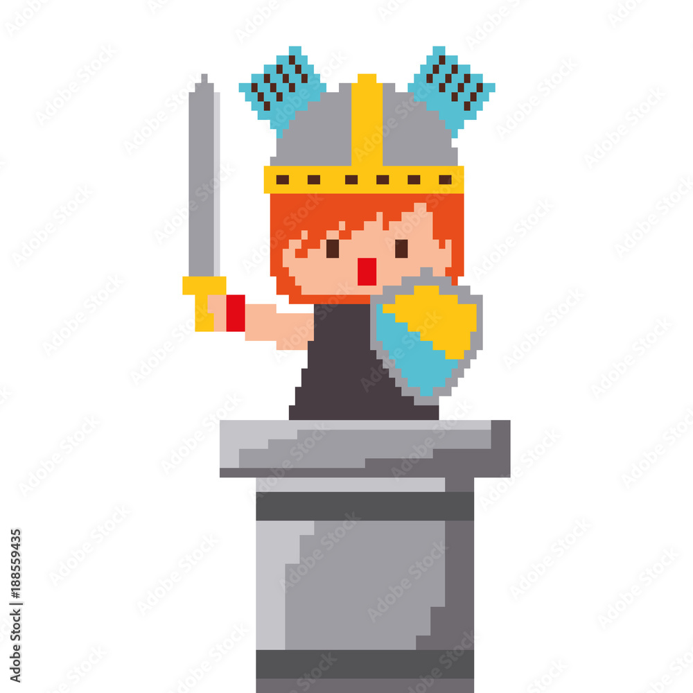 Poster pixel character knight game interface level vector illustration