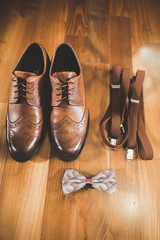 Men's accessories with luxury shoes. Top view