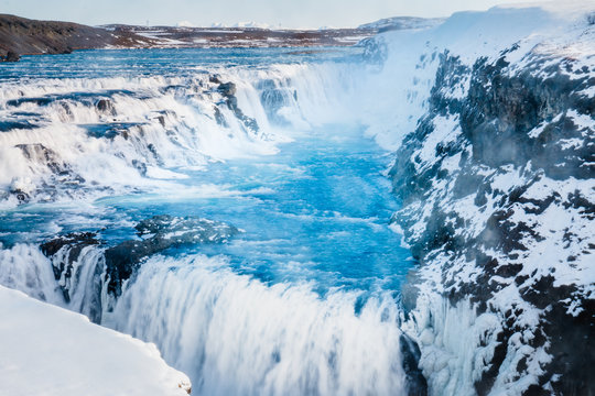 Gullfoss waterfall view and winter Lanscape picture in the winter season