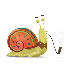 Cute snail gentleman with smoking pipe isolated on white.